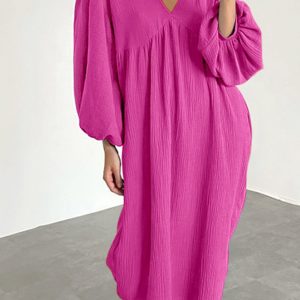 Chic Double Crepe V Neck Puff Sleeve Dress for Effortless Y2K Aesthetic Style