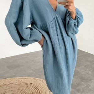 Chic Double Crepe V Neck Puff Sleeve Dress for Effortless Y2K Aesthetic Style