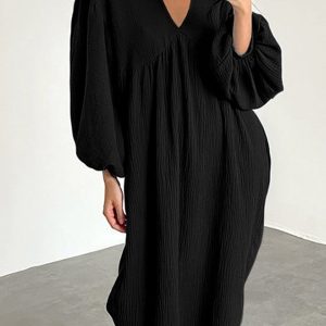 Chic Double Crepe V Neck Puff Sleeve Dress for Effortless Y2K Aesthetic Style