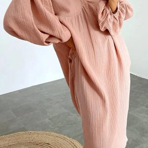 Chic Double Crepe V Neck Puff Sleeve Dress for Effortless Y2K Aesthetic Style