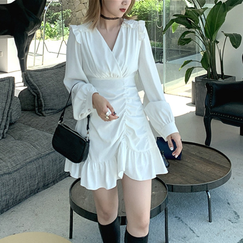 Chic Draped Mini Dress for Women - Casual High Street Style, Long Sleeve, Elegant Summer Party Dress