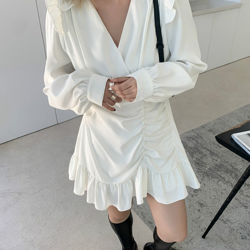 Chic Draped Mini Dress for Women - Casual High Street Style, Long Sleeve, Elegant Summer Party Dress