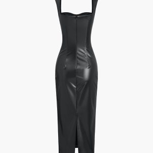 Chic Faux Leather Bodycon Midi Dress for Y2K Aesthetic and Coquette Style Lovers