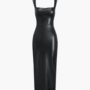 Chic Faux Leather Bodycon Midi Dress for Y2K Aesthetic and Coquette Style Lovers