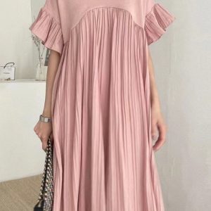 Chic French Casual Split-joint Pleated Dress for Effortless Y2K Aesthetic Style