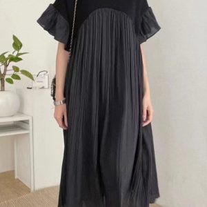 Chic French Casual Split-joint Pleated Dress for Effortless Y2K Aesthetic Style