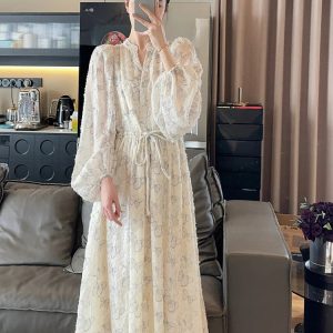 Chic French Midi Dress for Women - Elegant Long Sleeve Fairy Print One-Piece Dress 2024