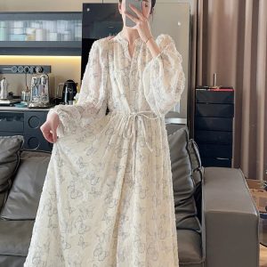 Chic French Midi Dress for Women - Elegant Long Sleeve Fairy Print One-Piece Dress 2024