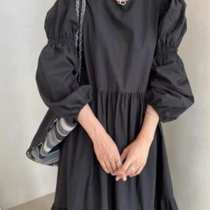 Chic French Pleated Long Puff Sleeve Dress - Effortless Elegance for Y2K Aesthetic Lovers