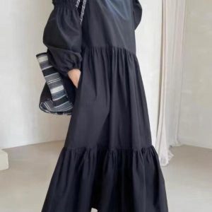 Chic French Pleated Long Puff Sleeve Dress - Effortless Elegance for Y2K Aesthetic Lovers