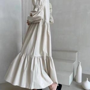 Chic French Pleated Long Puff Sleeve Dress - Effortless Elegance for Y2K Aesthetic Lovers