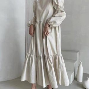 Chic French Pleated Long Puff Sleeve Dress - Effortless Elegance for Y2K Aesthetic Lovers