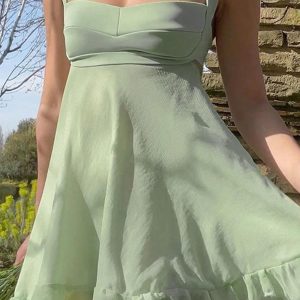 Chic Green Backless Lace Cami Dress - Y2K Fashion Patchwork Style for Aesthetic Outfits