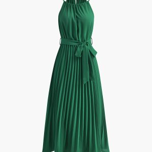 Chic Halter Belted Pleated Midi Dress for Y2K Fashion Lovers and Coquette Aesthetic Enthusiasts