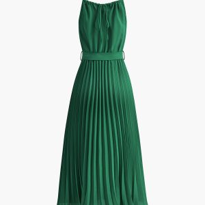 Chic Halter Belted Pleated Midi Dress for Y2K Fashion Lovers and Coquette Aesthetic Enthusiasts