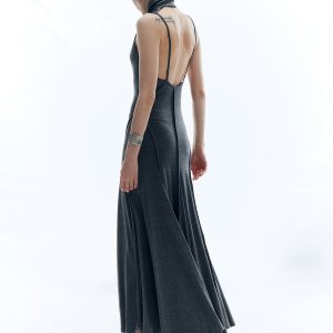 Chic High Neck Backless Solid Dress for Y2K Aesthetic and Coquette Style Outfits