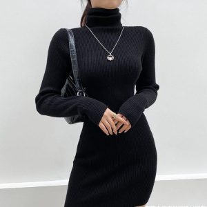 Chic High Neck Long Sleeve Hip Dress in Y2K Style for Effortless Aesthetic Outfits