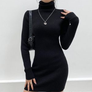 Chic High Neck Long Sleeve Hip Dress in Y2K Style for Effortless Aesthetic Outfits