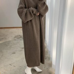 Chic High Neck Solid Color Long Sleeve Knit Dress for Y2K Aesthetic Fashion Lovers