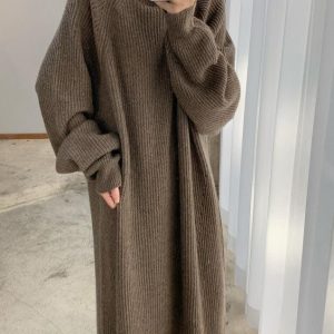 Chic High Neck Solid Color Long Sleeve Knit Dress for Y2K Aesthetic Fashion Lovers