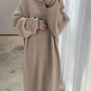 Chic High Neck Solid Color Long Sleeve Knit Dress for Y2K Aesthetic Fashion Lovers