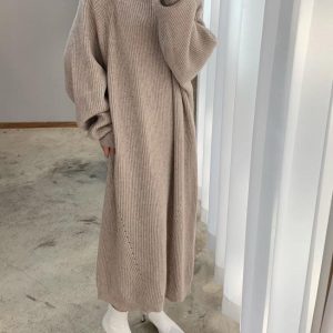 Chic High Neck Solid Color Long Sleeve Knit Dress for Y2K Aesthetic Fashion Lovers