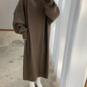 Chic High Neck Solid Color Long Sleeve Knit Dress for Y2K Aesthetic Fashion Lovers