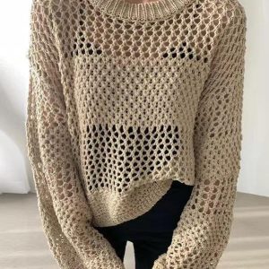 Chic Hollow Long Sleeve Knit Sweater for Y2K Fashion and Coquette Aesthetic Styles