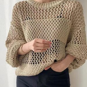 Chic Hollow Long Sleeve Knit Sweater for Y2K Fashion and Coquette Aesthetic Styles