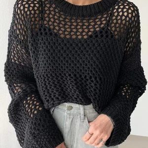 Chic Hollow Long Sleeve Knit Sweater for Y2K Fashion and Coquette Aesthetic Styles