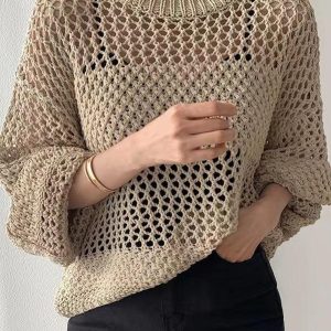 Chic Hollow Long Sleeve Knit Sweater for Y2K Fashion and Coquette Aesthetic Styles