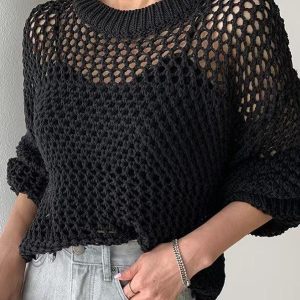 Chic Hollow Long Sleeve Knit Sweater for Y2K Fashion and Coquette Aesthetic Styles