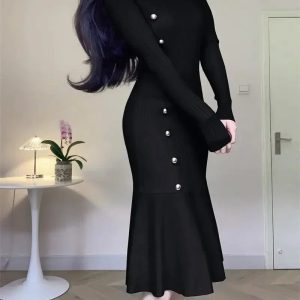 Chic Knitted Fishtail Dress for Women - Elegant O-neck High Waist Solid Party Dress in White & Black