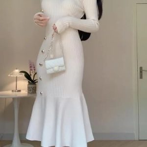 Chic Knitted Fishtail Dress for Women - Elegant O-neck High Waist Solid Party Dress in White & Black