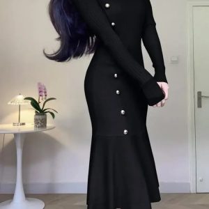 Chic Knitted Fishtail Dress for Women - Elegant O-neck High Waist Solid Party Dress in White & Black