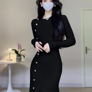 Chic Knitted Fishtail Dress for Women - Elegant O-neck High Waist Solid Party Dress in White & Black