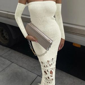 Chic Knitted Tassel Maxi Dress for Women - Hollow Out Bodycon Off-Shoulder Evening Elegance