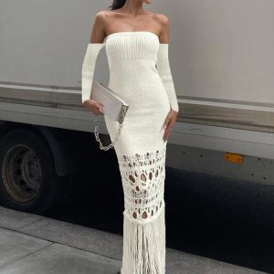 Chic Knitted Tassel Maxi Dress for Women - Hollow Out Bodycon Off-Shoulder Evening Elegance