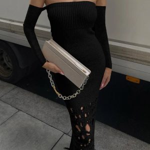 Chic Knitted Tassel Maxi Dress for Women - Hollow Out Bodycon Off-Shoulder Evening Elegance