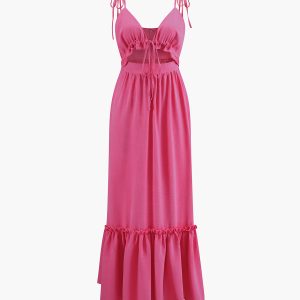 Chic Knotted Cutout Ruffle Split Long Dress for Y2K Aesthetic and Coquette Style