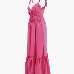 Chic Knotted Cutout Ruffle Split Long Dress for Y2K Aesthetic and Coquette Style