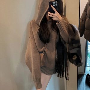 Chic Korean Fashion Loose Hooded Knitted Sweater - Elegant Casual Pullover for Fall/Winter