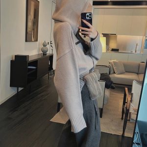 Chic Korean Fashion Loose Hooded Knitted Sweater - Elegant Casual Pullover for Fall/Winter