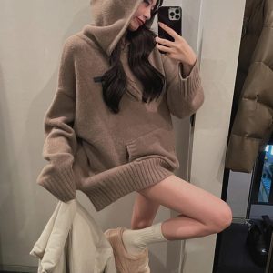 Chic Korean Fashion Loose Hooded Knitted Sweater - Elegant Casual Pullover for Fall/Winter