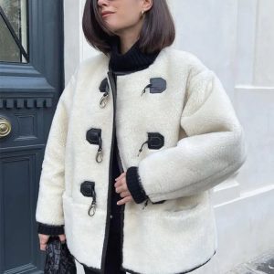 Chic Lamb Plush Coat for Women - Warm Winter Jacket with Horn Button, Casual O Neck Cardigan