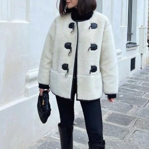 Chic Lamb Plush Coat for Women - Warm Winter Jacket with Horn Button, Casual O Neck Cardigan