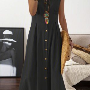 Chic Lapel Button Down Sleeveless Midi Dress for Y2K Aesthetic and Coquette Style