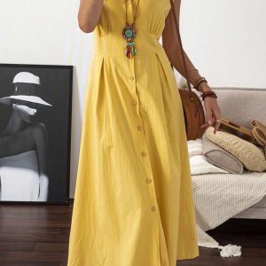 Chic Lapel Button Down Sleeveless Midi Dress for Y2K Aesthetic and Coquette Style