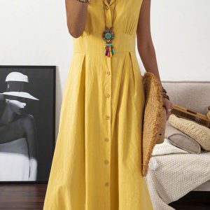 Chic Lapel Button Down Sleeveless Midi Dress for Y2K Aesthetic and Coquette Style