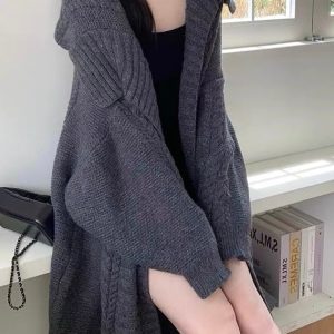 Chic Large Collar Knitted Long Cardigan Coat for Y2K Fashion and Coquette Aesthetic